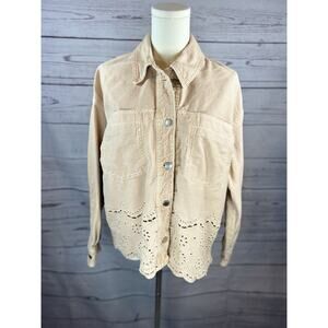 Zara Embroidered Eyelet Denim Shirt Jacket Womens Small Blush Pink Button Front